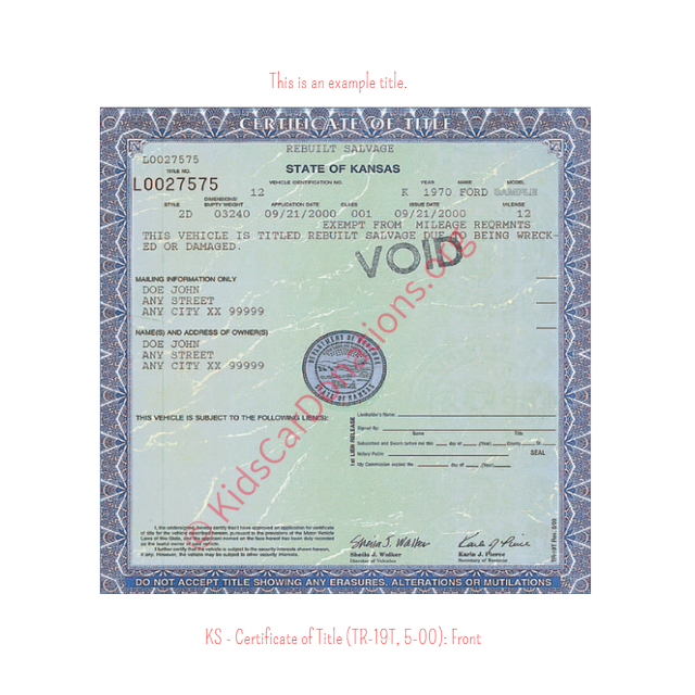 This is an Example of Kansas Certificate of Title (TR-19T, 5-00) Front View | Kids Car Donations
